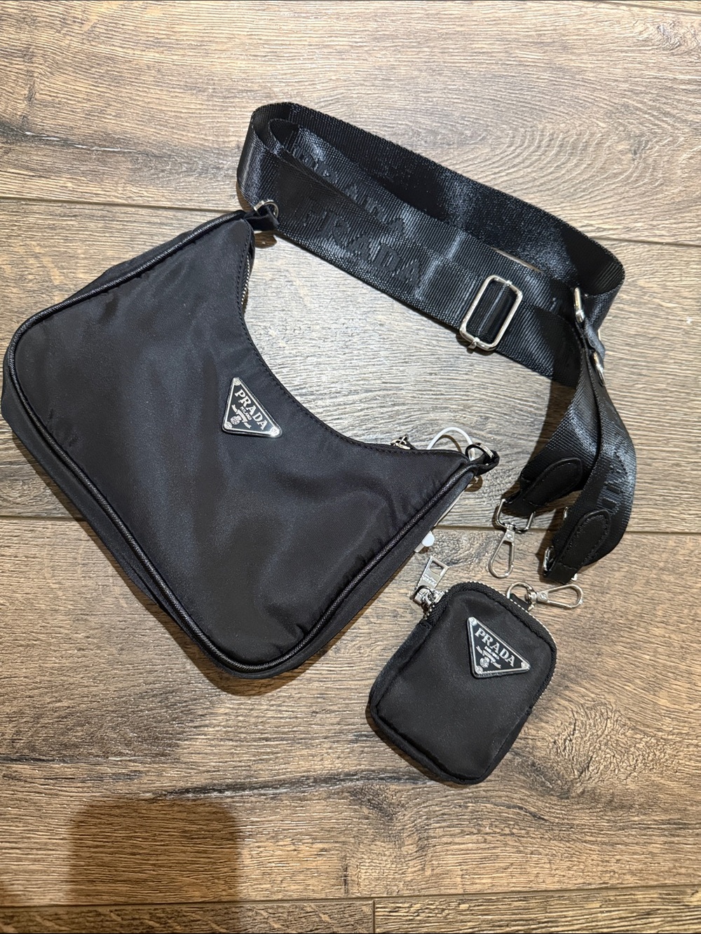 Black Nylon  Bag with Detachable Pouch and Branded Strap